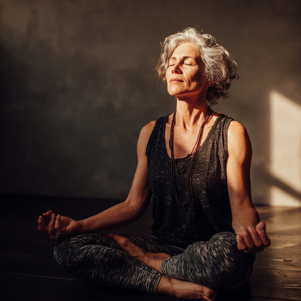 Mature woman in peaceful meditation pose in serene studio environment