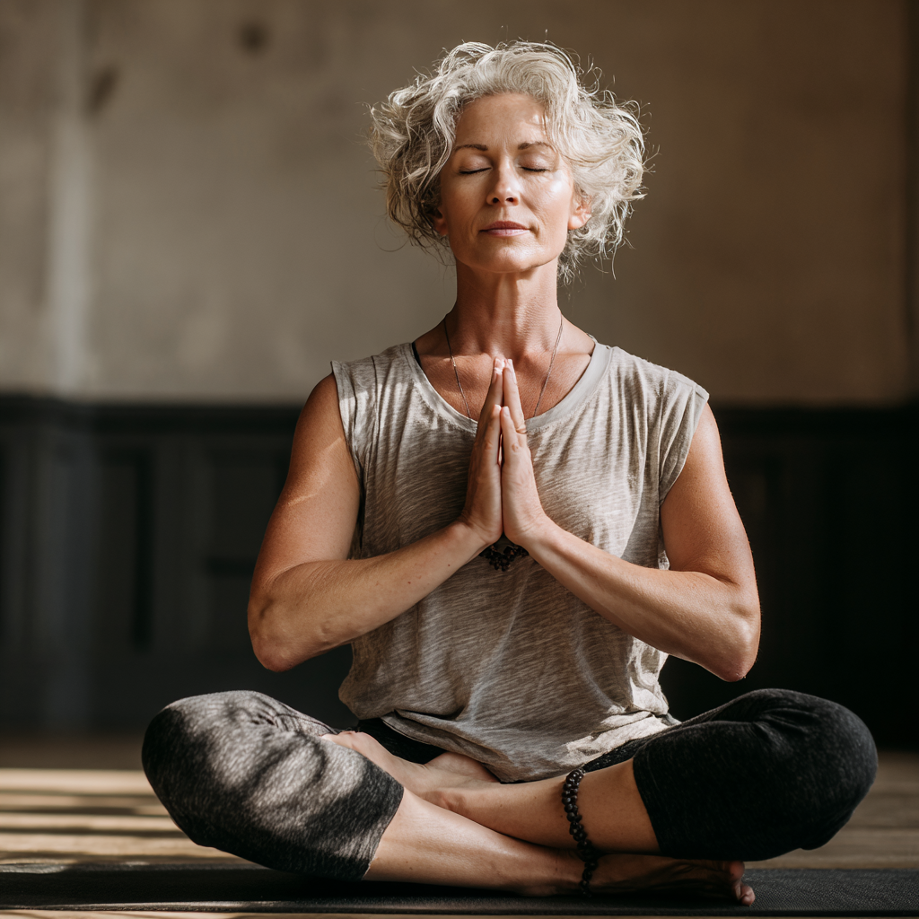 Middle-aged person practicing yoga with focused concentration and inner peace